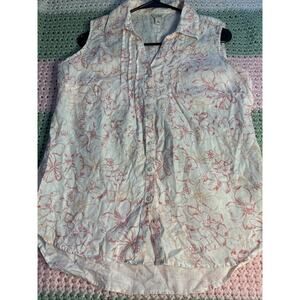 LL Bean 100% Linen Women’s Small Sleeveless Button Up White Floral Cottage Core